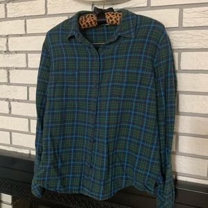 Green and blue plaid flannel button down
